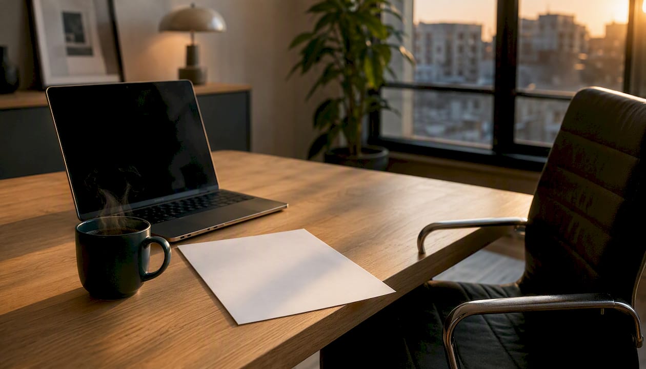 Sobre la mesa hay un contrato de trabajo junto a un portátil de color oscuro.