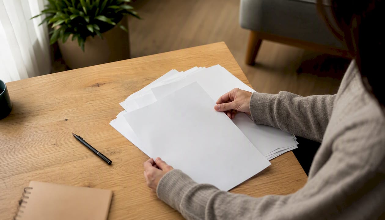 Unas manos ordenando papeles sobre el escritorio