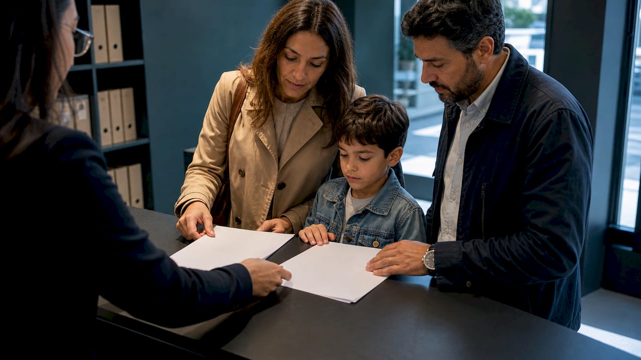 Una familia entrega la documentación en la oficina de registro española.
