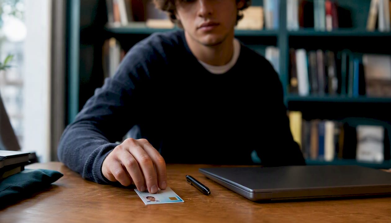 Un alumno enseña su carnet de estudiante