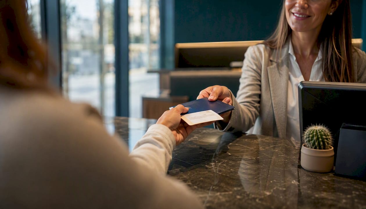 Cliente entregando papeles en la ventanilla del banco