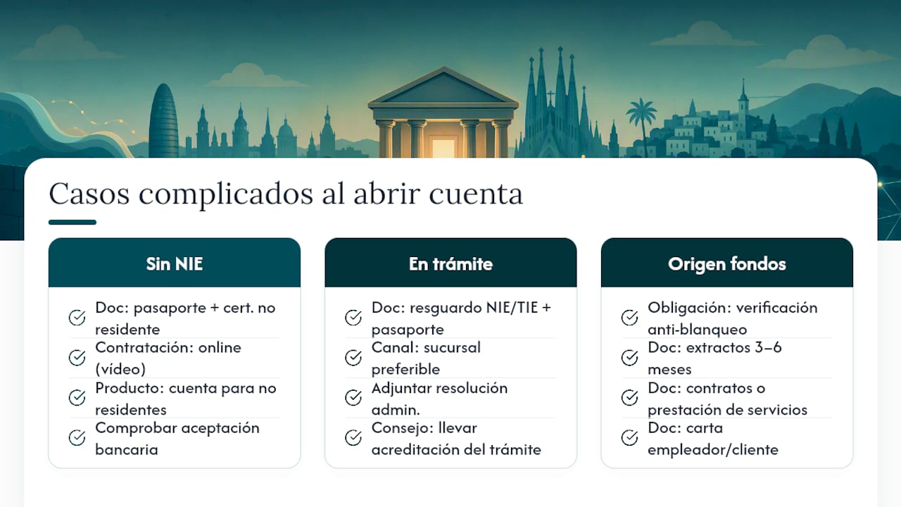 Casos complicados: sin NIE, en trámite o con solicitud de origen de fondos — overview diagram
