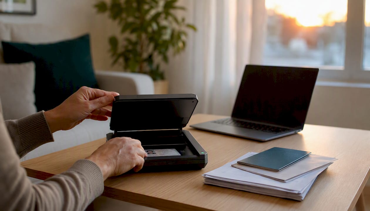 Manos revisando y digitalizando documentos clave para trámites migratorios