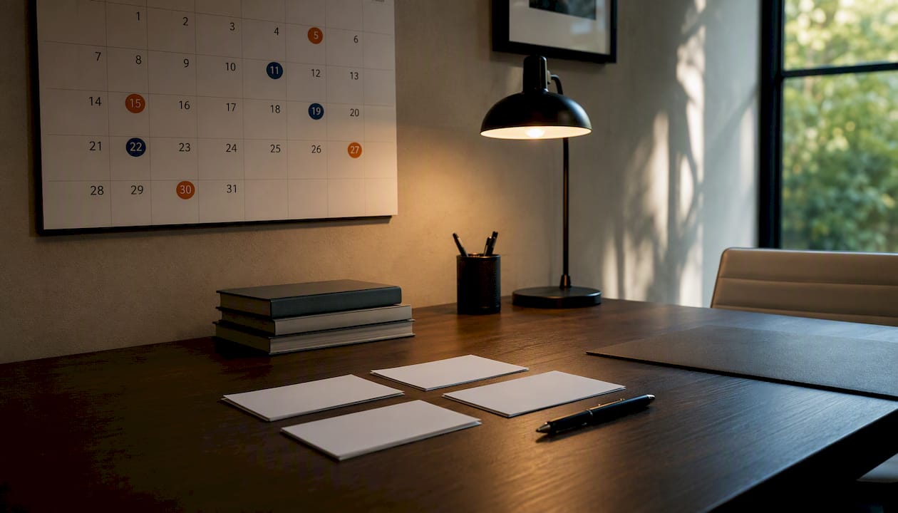 Calendario con fechas límite señaladas y tarjetas de citas para recordar compromisos
