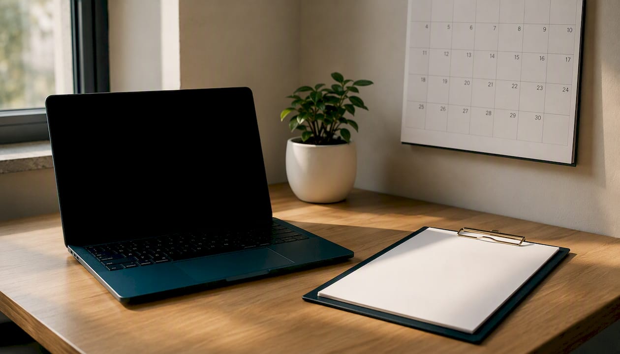 Espacio de trabajo con una lista de tareas y el portátil cerrado sobre la mesa.