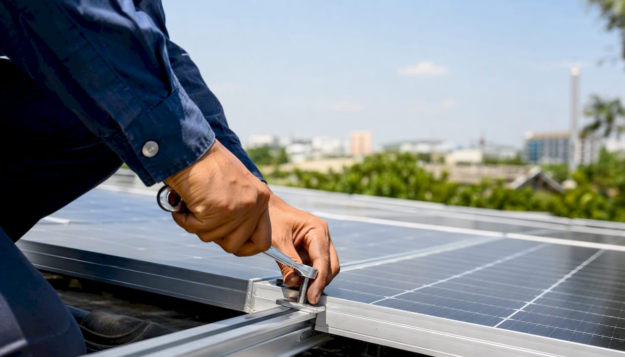 Técnico trabajando en la instalación de paneles solares sobre el techo