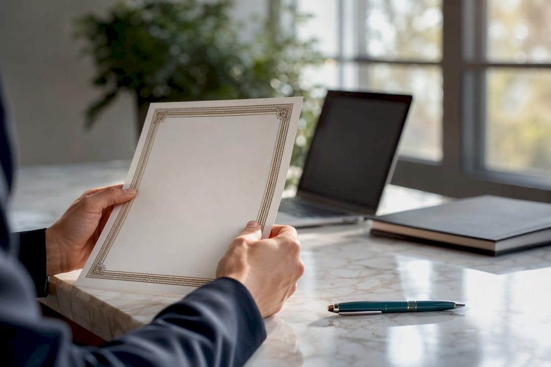 Manos sosteniendo un certificado en blanco sobre el escritorio
