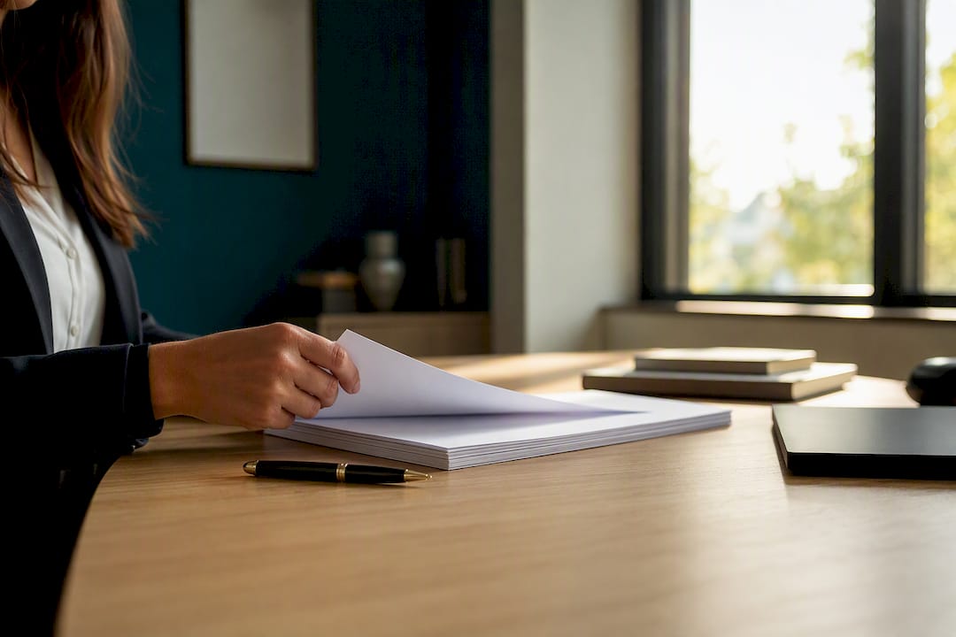 Mano ordenando documentos en escritorio minimalista