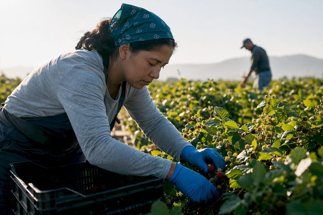 Trabajadora extranjera en campaña agrícola temporal